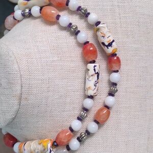 Multi Gem Long Beaded Necklace, Artisan, Unique, Amethyst, Agate, Silver, 32"